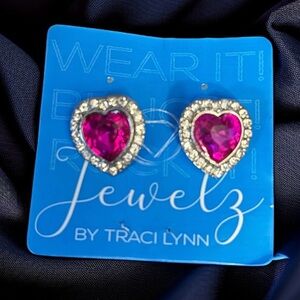 Jewlz by Traci Lynn silver tone rhinestone pink heart post earrings